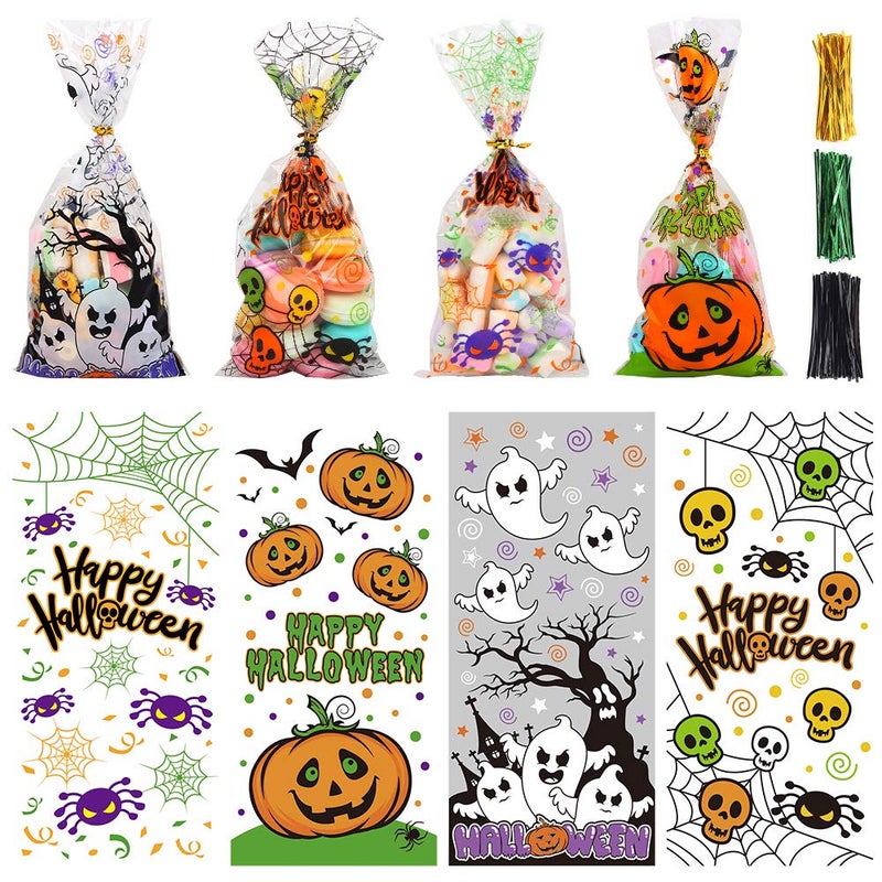 STEFORD Halloween Cellophane Bags 200PCS Clear Candy Cookie Treat Bags with 400 Piece Twist Ties for Halloween Party Favor Supplies - Image 1